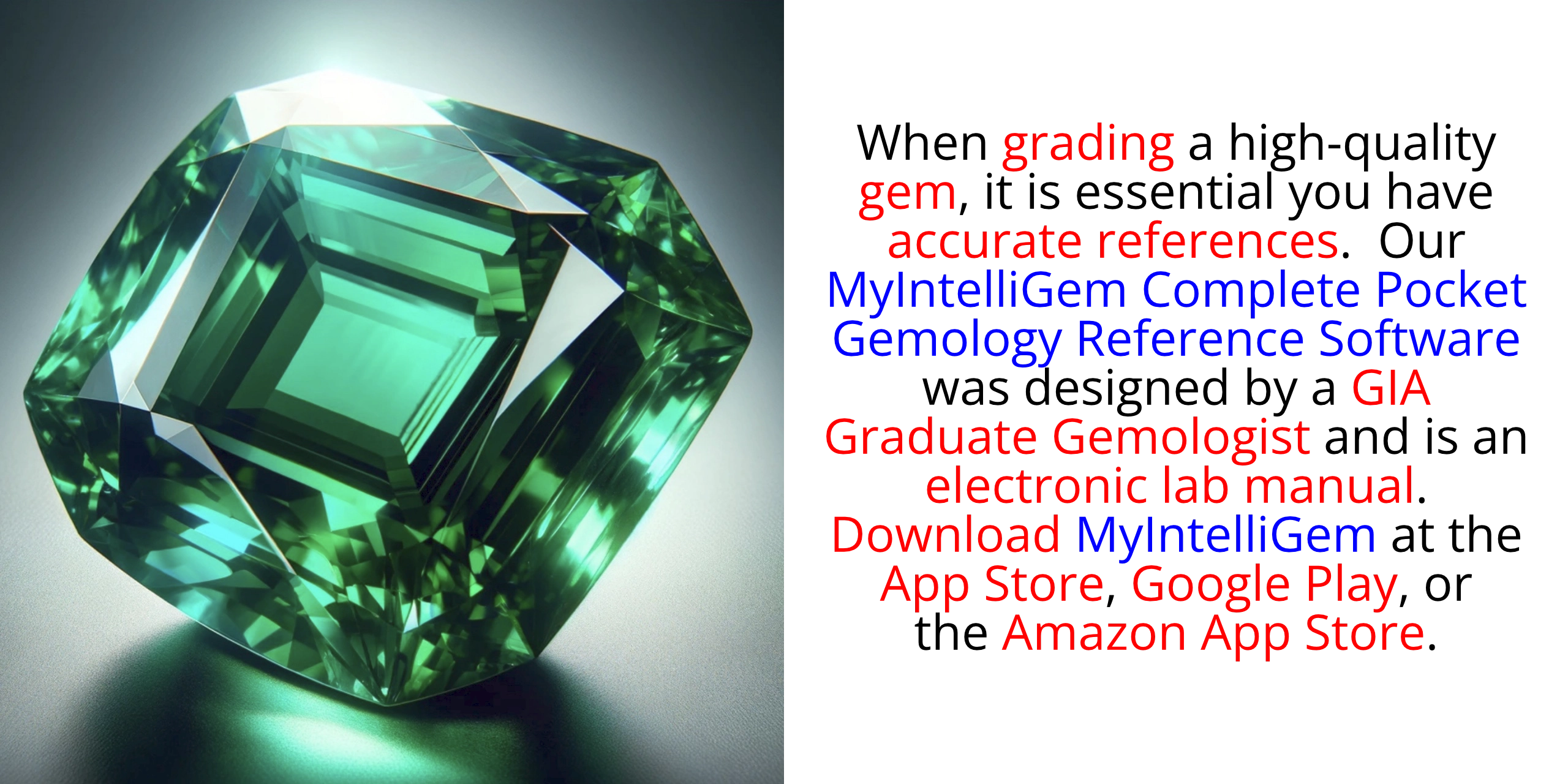 Whether in the field or the lab, MyIntelliGem Complete Pocket Gemology Reference Software makes finding the information you need to successfully identify and grade a gem easy.  AVAILABLE AT THE APP STORE, GOOGLE PLAY, AND THE AMAZON APP STORE.