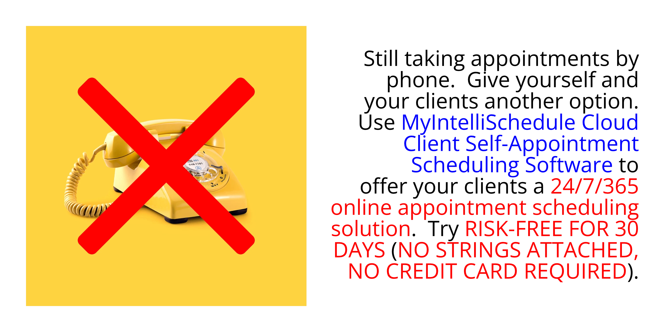 Still taking appointments by phone.  Give yourself and your clients another option.  Use MyIntelliSchedule Cloud Client Self-Appointment Scheduling SaaS Software to offer your clients a 24/7/365 online appointment scheduling solution.  Try RISK-FREE FOR THIRTY (30) DAYS (NO CREDIT CARD REQUIRED; CANCELS AUTOMATICALLY IF YOU DO NOT SUBSCRIBE).